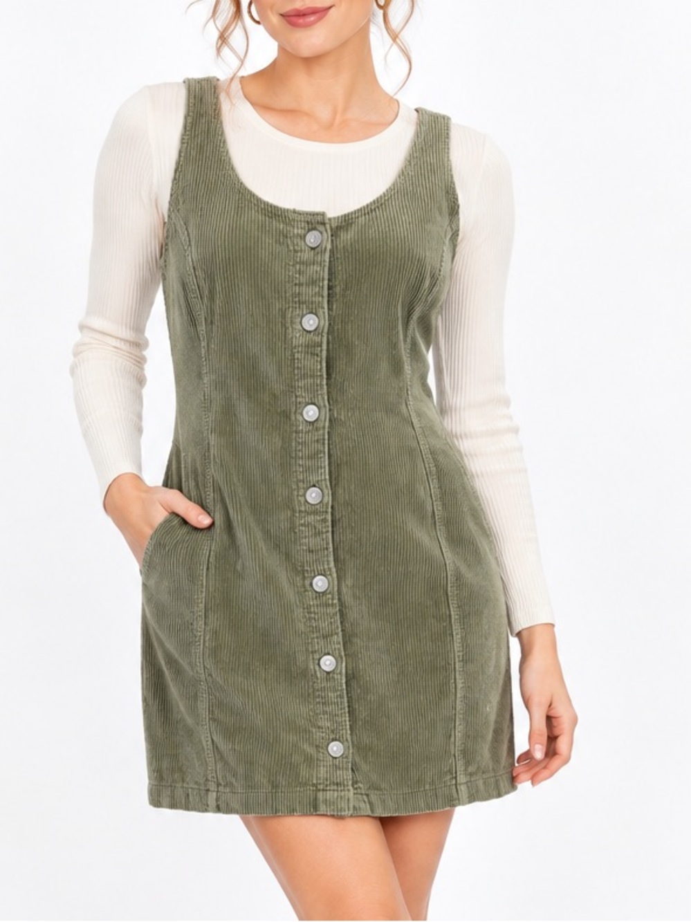 Levi Strauss & Co Olive Corduroy Button Front Jumper Mini Dress 100% Cotton SZ L